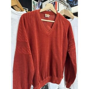 1970s Encino Shirts Terry Cloth Burnt Orange V Neck Sweater Size M Cotton Blend